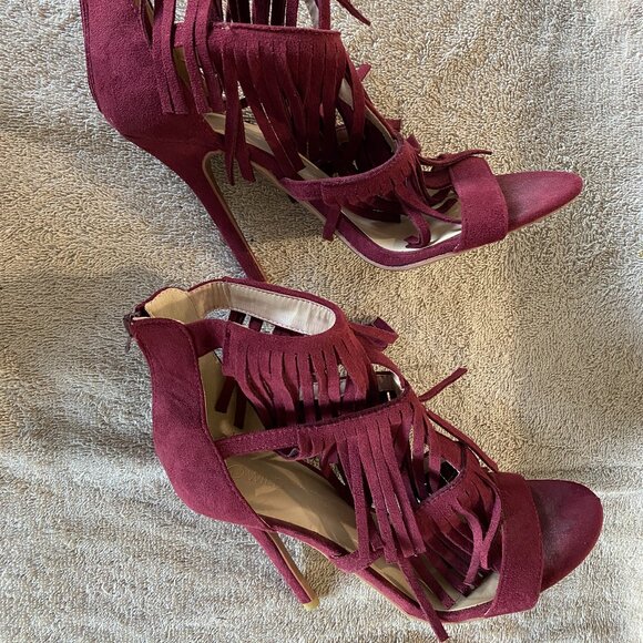 Wild Diva Lounge Burgundy Fringe Heels | Size 7.5 | Suede Cutout Stiletto Sandal - Picture 4 of 7